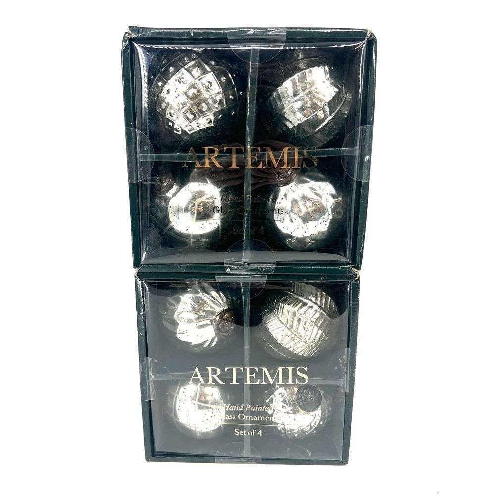 ARTEMIS‎ Mercury Glass Christmas Ornaments 2 Boxes/8 Ornaments Silver 3.75" NEW - Picture 2 of 8
